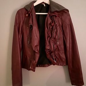 Free People Red Leather Denim Jacket